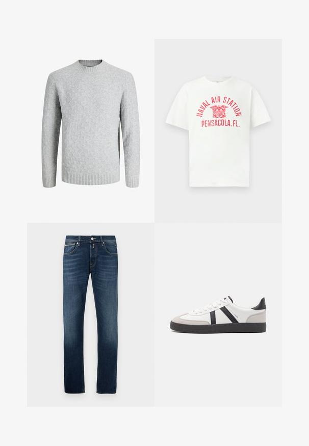 Lysegrå hjemmestrikket sweater med diamantmønster, ribstrikket rund halsudskæring, manchetter og kant, lange ærmer, velegnet til koldt vejr.; Hvid T-shirt med korte ærmer med rød tekst "NAVAL AIR STATION PENSACOLA, FL." og et ørneemblem i midten foran.; Mørkeblå straight-leg jeans med let falming på lårerne, fem lommer og en metalknaplukning i taljen.; Hvide sneakers med sorte og grå detaljer, med en tekstureret grå tåhætte, sort gummisål og flade hvide snørebånd. Rent design, minimalistisk stil.