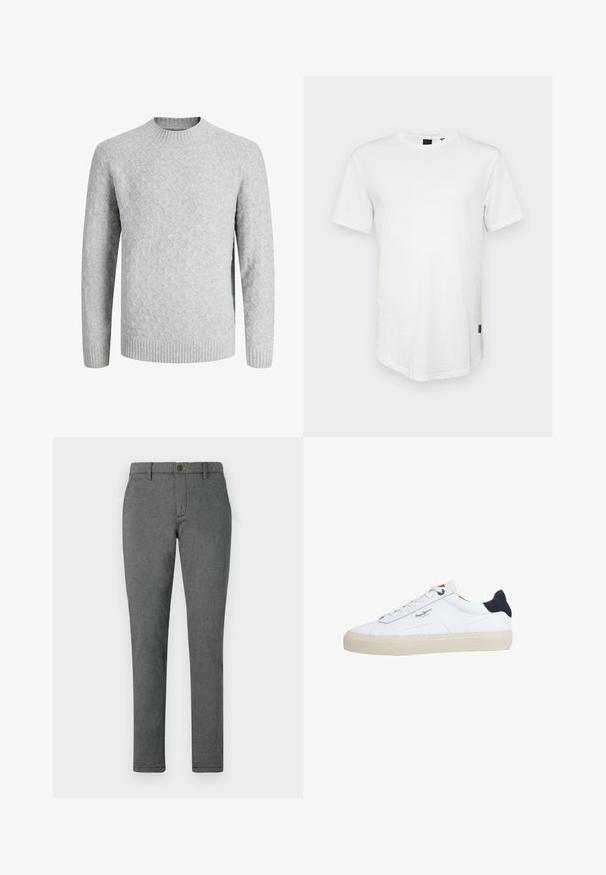 Pull gris clair en maille avec motif losange, col rond, poignets et ourlet côtelés, manches longues, adapté par temps froid.; T-shirt blanc à manches courtes en coton, avec un col rond et un dos légèrement allongé, arborant un petit logo sur le côté.; Pantalon gris en tissu texturé, présentant une coupe droite, une fermeture à bouton et des passants de ceinture. Couleur uniforme sans motifs visibles.; Baskets basses blanches avec semelle beige, lacets blancs, languette de talon noire et logo "Pepe Jeans London" sur le côté.