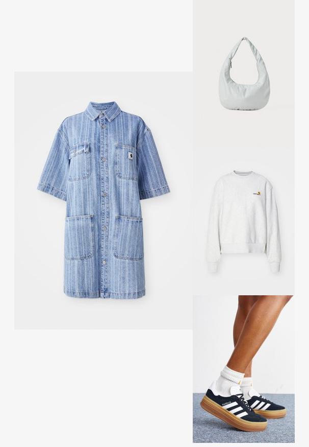 Sudadera gris de cuello redondo en una tela suave con puños y dobladillo de punto; presenta un logo bordado en el pecho en amarillo y burdeos.; Vestido de camisa de denim en azul claro con rayas verticales, mangas cortas, dos bolsillos en el pecho y un pequeño parche con el logo. Cierre de botones en la parte delantera.; Piernas con calcetines blancos y zapatillas Adidas Gazelle negras con rayas blancas y suelas marrones gruesas sobre un suelo alfombrado gris.; Bolso hobo suave y de color gris claro, hecho de material sintético. Cuenta con un asa acolchada y un compartimento con cremallera en el lateral.