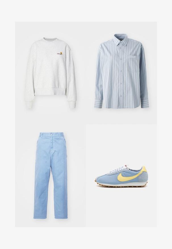 Grå crew-neck sweatshirt i et blødt stof med ribbede manchetter og kant; har broderet logo på brystet i gul og mørkerød.; Lyseblå langærmet skjorte med knaplukning, hvide og mørke lodrette striber og en brystlomme med hvid skriftbroderi.; Lyseblå denimbukser med lige ben-design, knaplukning og forlommer. Stof har en subtil tekstur med en glat finish.; Blå mesh- og ruskinds-sneakers med gul Nike swoosh, hvide snørebånd og lysebrun sål; klassisk atletisk design.
