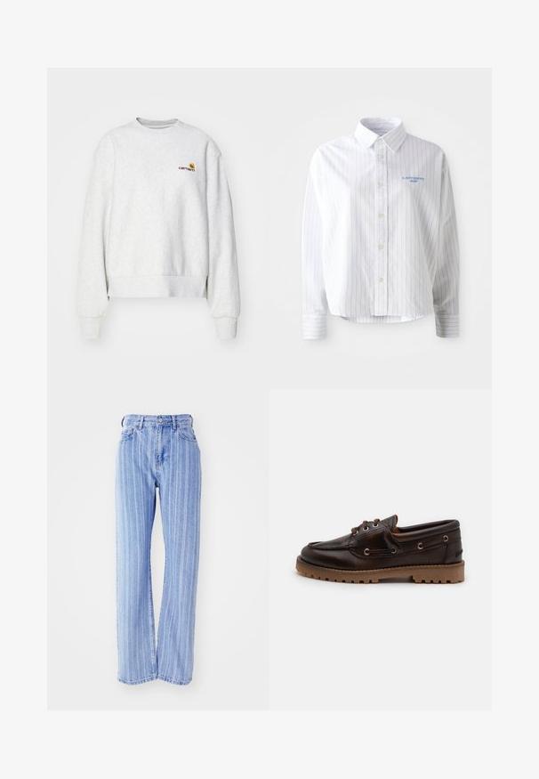 Grå crew-neck sweatshirt i et blødt stof med ribbede manchetter og kant; har broderet logo på brystet i gul og mørkerød.; Hvid skjorte med lyseblå lodrette striber, en spids krave og et lille blåt logo på venstre bryst. Forarbejdet i bomuldsstof, afslappet pasform.; Lyseblå denimjeans med vertikale hvide striber, høj talje, løs pasform, fem lommer og knaplukning.; Brun læder bådsko med rund tå, to snørehuller og struktureret gummisål. Har syet detaljer og en kontrasterende tan sål.