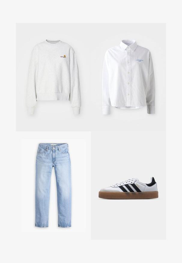 Grijze crewneck sweatshirt van een zachte stof met geribbelde manchetten en onderrand; voorzien van een geborduurd logo op de borst in geel en bordeauxrood.; Witte overhemdd met lichtblauwe verticale strepen, een puntige kraag en een klein blauw logo op de linkerborst. Katoenen stof, ontspannen pasvorm.; Lichtblauwe denim jeans met een rechte pijp, vijf zakken en een middelhoge taille. Heeft een vervaagde textuur en een gestikte zoom.; Witte leren sneakers met zwarte strepen, gumrubberen buitenzool, ronde neus, vetersluiting en een zachte grijze suède neuskap.