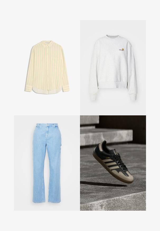 Sweatshirt gris à col rond en tissu doux avec des poignets et un ourlet côtelés ; présente un logo brodé sur la poitrine en jaune et bordeaux.; Chemise jaune à manches longues avec des rayures verticales bleu clair, boutonnage devant, poche poitrine unique et ourlet arrondi. Texture douce.; Pantalon en denim bleu clair avec une coupe droite, taille haute et fermeture à bouton à l'avant. Comprend deux poches latérales et des coutures minimales.; Baskets en cuir noir et beige avec trois bandes blanches, semelle en caoutchouc beige et détail en or "Samba" sur le côté.