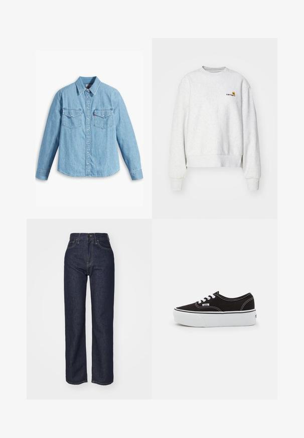 Sweatshirt gris à col rond en tissu doux avec des poignets et un ourlet côtelés ; présente un logo brodé sur la poitrine en jaune et bordeaux.; Chemise en denim bleu clair à manches longues, col pointu, deux poches poitrine, patte de boutonnage et texture subtile. Pas de motifs visibles.; Jean en denim bleu foncé taille haute avec une coupe droite, coutures visibles, cinq poches et une fermeture à braguette frontale.; Baskets en toile noires avec une semelle en caoutchouc blanc, dotées de lacets et de coutures blanches, marquage emblématique sur le côté, design basse.