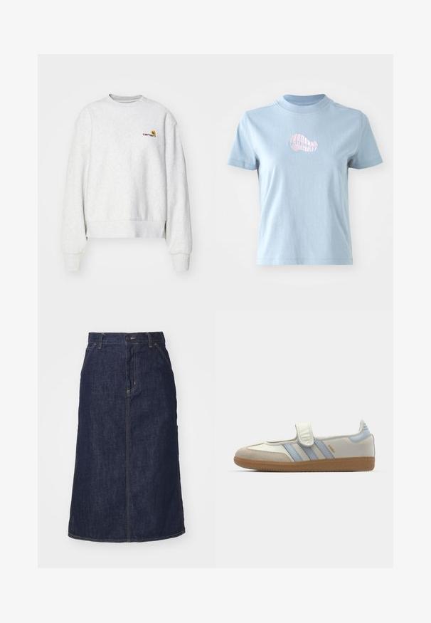 Sudadera gris de cuello redondo en una tela suave con puños y dobladillo de punto; presenta un logo bordado en el pecho en amarillo y burdeos.; Camiseta de algodón de color azul claro con mangas cortas y un cuello alto, que presenta un pequeño diseño de concha bordado en rosa en la parte delantera.; Falda de mezclilla oscura con cintura alta, corte recto, bolsillos delanteros y costuras cosidas. Presenta un cierre de cremallera y botón en la cintura.; adidas Originals SAMBA JANE BALLERINA - Bailarinas con hebilla - cloud white/halo blue