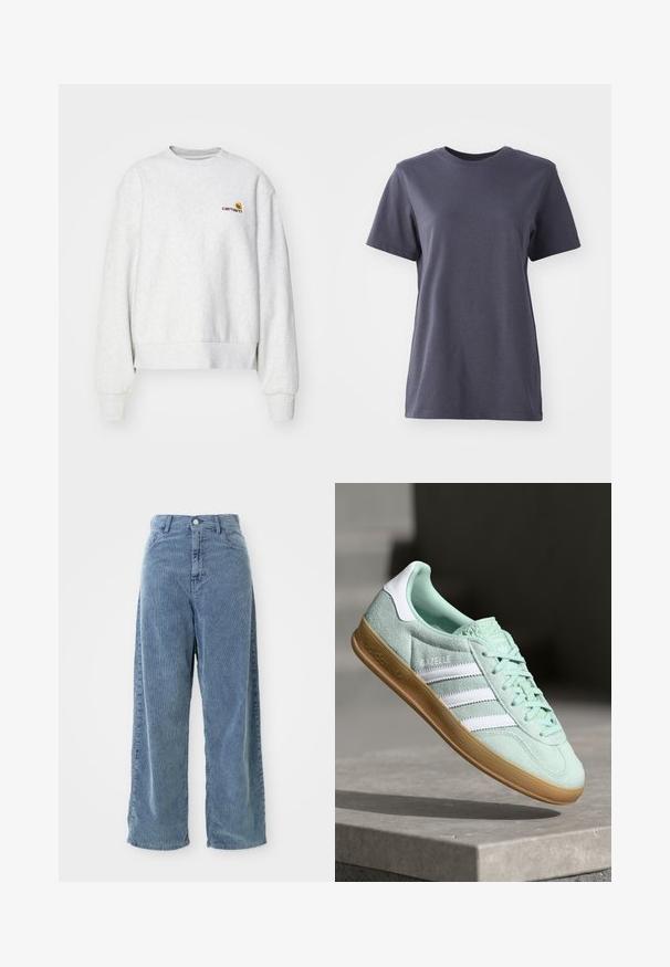 Sudadera gris de cuello redondo en una tela suave con puños y dobladillo de punto; presenta un logo bordado en el pecho en amarillo y burdeos.; Camiseta de manga corta en algodón gris oscuro, diseño de cuello redondo, textura suave, dobladillo recto, sin patrones visibles ni detalles metálicos.; Pantalones de pana azul de pierna ancha con textura de ribetes verticales, que cuentan con un cierre de botón en la parte delantera y lazos para cinturón, además de una silueta relajada.; Zapatilla Adidas Gazelle en ante verde menta con acentos blancos, cierre con cordones y suela de goma. Presenta tres franjas blancas.