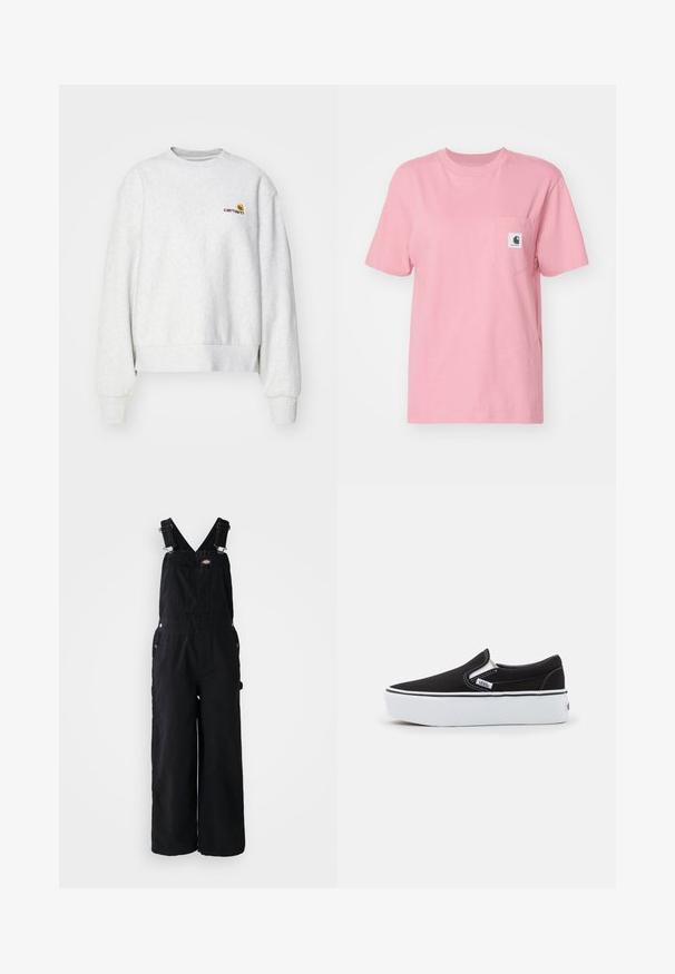 Grå crew-neck sweatshirt i et blødt stof med ribbede manchetter og kant; har broderet logo på brystet i gul og mørkerød.; Carhartt WIP POCKET - T-shirts basic - dusty rose; Sorte denim overalls med brede ben, justerbare skulderstropper, lomme foran og sølv hardware detaljer. Glat tekstur, minimalistisk design.; Sorte canvas slip-on sko med en hvid gummi sål, der har elastiske sidelåg og kontrasterende syninger. Brandlogo synligt på siden.
