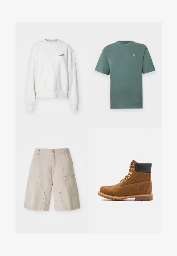 Grå crew-neck sweatshirt i et blødt stof med ribbede manchetter og kant; har broderet logo på brystet i gul og mørkerød.; Grøn bomulds t-shirt med rund hals og korte ærmer, med et lille gult logo på venstre bryst. Blød tekstur, afslappet design.; Beige linnedshorts med en afslappet pasform, der har to forlommer og cirkulære metaldetaljer. Afslappet design med en tekstureret overflade.; Brun ruskinds ankelstøvle med sort polstret krave, gyldne øjer, snørebånd foran og gummisål med et struktureret mønster.