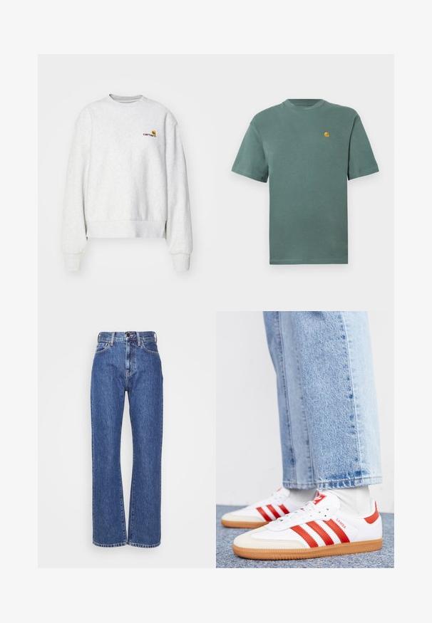 Grauer Rundhalsausschnitt-Pullover aus weichem Material mit gerippten Bündchen und Saum; mit gesticktem Logo auf der Brust in Gelb und Kastanienbraun.; Grünes Baumwoll-T-Shirt mit Rundhalsausschnitt und kurzen Ärmeln, das ein kleines gelbes Logo auf der linken Brust trägt. Weicher Stoff, lässiges Design.; Blaue Denim-Jeans mit weitem Bein, hoher Taille, Kontrastnähten und klassischem Fünf-Taschen-Design. Strukturierter Stoff mit glatter Oberfläche.; Weiße Leder Sneaker mit roten Streifen und Akzenten. Verfügt über eine strukturierte Gummi-Laufsohle und einen gepolsterten Schaft. Tragen mit hellblauer Jeans.