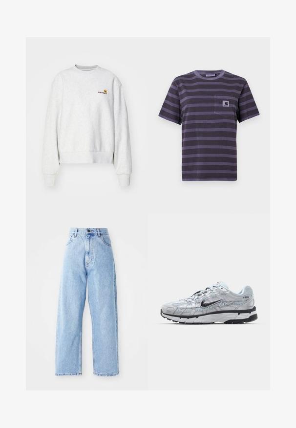 Grijze crewneck sweatshirt van een zachte stof met geribbelde manchetten en onderrand; voorzien van een geborduurd logo op de borst in geel en bordeauxrood.; Paarse gestreepte t-shirt met een zak op de linkerkant van de borst, voorzien van horizontale zwarte strepen. Zacht stof, korte mouwen, ronde hals.; Hogewaisted lichtblauwe denim jeans met rechte wijde pijpen, voorste knoop, ritssluiting en voor- en achterkant zakken.; Nike P-6000 sneakers met een lichtgrijze mesh bovenkant, zwarte accenten en een duurzame zwarte rubberen zool. Kenmerkt zich door een ingewikkeld ontwerp en vetersysteem.