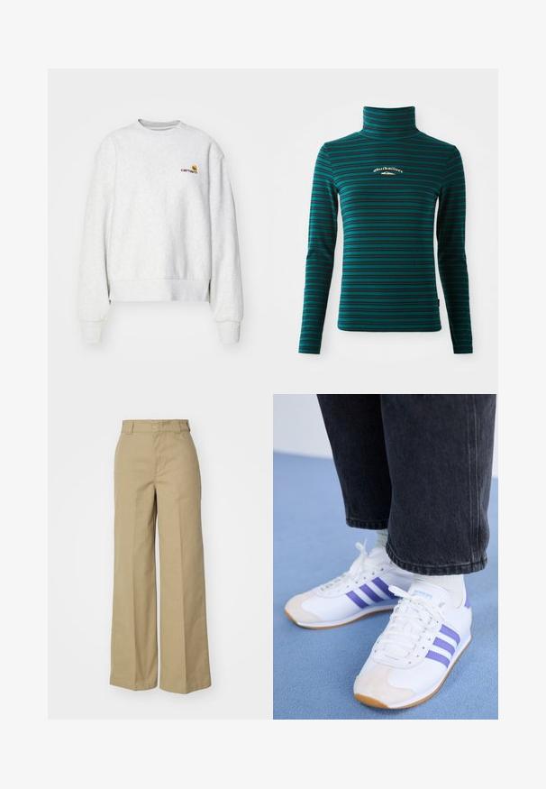 Sudadera gris de cuello redondo en una tela suave con puños y dobladillo de punto; presenta un logo bordado en el pecho en amarillo y burdeos.; Top de cuello alto de manga larga en color teal con rayas horizontales en azul oscuro. Presenta un pequeño logo en blanco y dorado en el pecho. Tejido suave y elástico.; Pantalones de pierna ancha beige con cintura alta, hechos de tela de algodón, con una cinturilla cosida y sin bolsillos ni patrones visibles.; Zapatillas blancas con rayas moradas, con una puntera de ante y una suela texturizada. Combinadas con pantalones negros con puños y calcetines blancos.