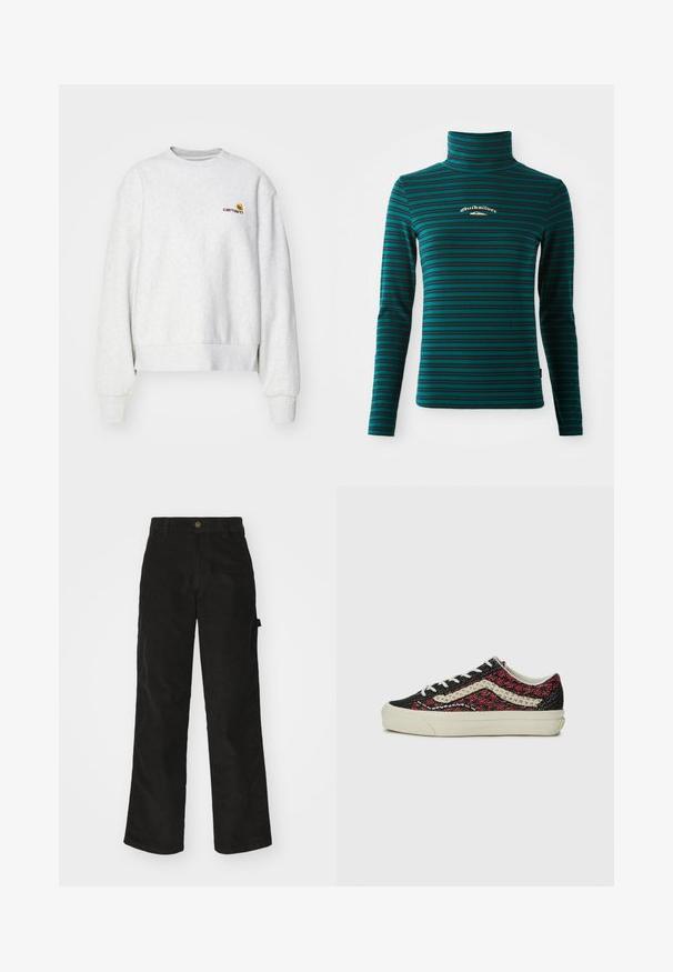Grå crew-neck sweatshirt i et blødt stof med ribbede manchetter og kant; har broderet logo på brystet i gul og mørkerød.; Langærmet turtleneck top i teal med mørkeblå vandrette striber. Har et lille hvidt og guld logo på brystet. Blødt, strækbart stof.; Sorte kordfløjsbukser med et lige ben-design, der har en knaplukning og sidelommer. Glat tekstur med fine lodrette striber.; Vans OLD SKOOL 36 UNISEX - Sneakers - bordeaux
