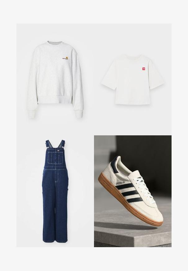 Grauer Rundhalsausschnitt-Pullover aus weichem Material mit gerippten Bündchen und Saum; mit gesticktem Logo auf der Brust in Gelb und Kastanienbraun.; Weißes T-Shirt mit kurzen Ärmeln aus Baumwolle. Mit einem kleinen roten quadratischen Logo auf der linken Brustseite. Gerader Schnitt. Weicher Stoff.; Jeans-Overalls in Dunkelblau, mit verstellbaren Trägern, Brusttasche, Seitentaschen und einer lockeren, weiten Passform. Klassische Nähdetails.; Weiße Wildleder-Sneaker mit marineblauen Streifen, Gummisohle, strukturiertem Obermaterial, runder Zehenform und Schnürung; mit Branding an der Seite und auf der Zunge.