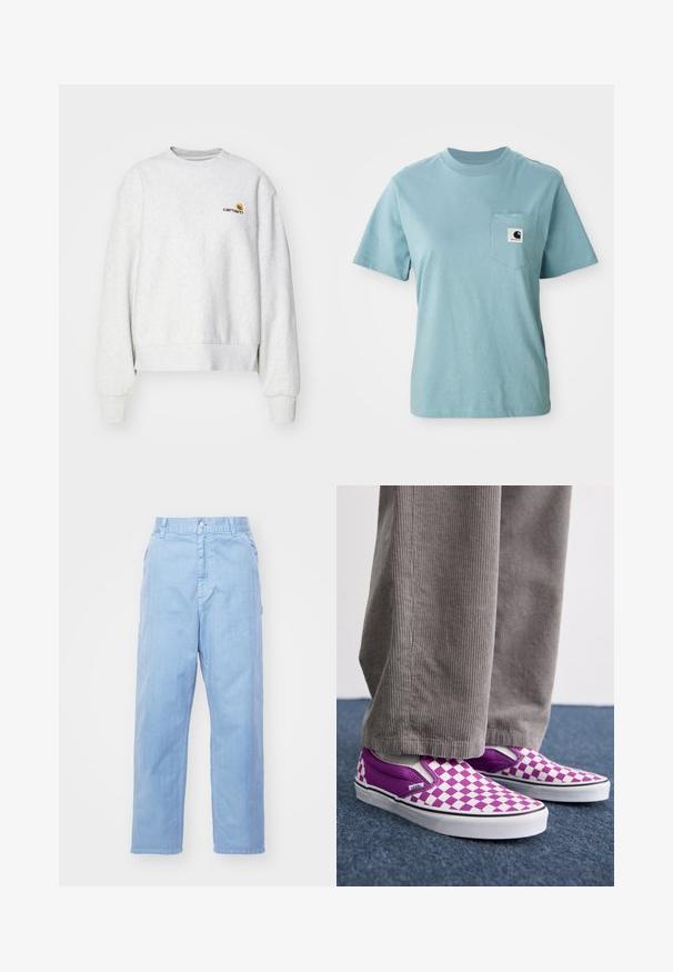 Grijze crewneck sweatshirt van een zachte stof met geribbelde manchetten en onderrand; voorzien van een geborduurd logo op de borst in geel en bordeauxrood.; Lichtblauw katoenen T-shirt met korte mouwen en een borstzak, voorzien van een klein zwart-wit Carhartt logo patch.; Lichtblauwe denimbroek met een rechte pijpdesign, knoopsluiting en voorzakken. De stof heeft een subtiele textuur met een gladde afwerking.; Paarse en witte schaakbord slip-on Vans schoenen, met een glad oppervlak en contrasterende zwarte rand, gecombineerd met een grijze corduroy broek.
