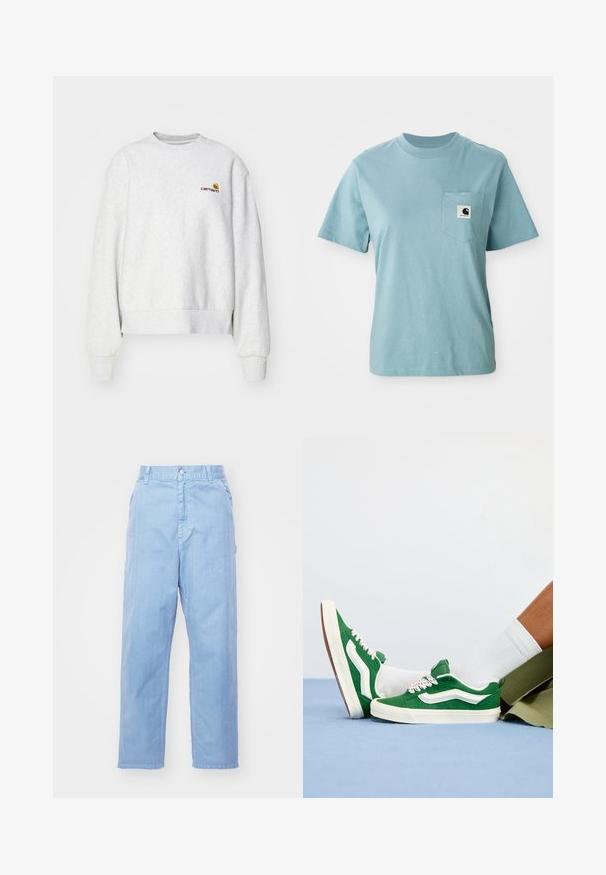 Sweatshirt gris à col rond en tissu doux avec des poignets et un ourlet côtelés ; présente un logo brodé sur la poitrine en jaune et bordeaux.; T-shirt en coton léger bleu clair à manches courtes avec poche poitrine affichant un petit patch logo Carhartt noir et blanc.; Pantalons en denim bleu clair avec une coupe droite, fermeture à bouton et poches avant. Le tissu a une texture subtile avec une finition lisse.; Baskets en daim vert avec des accents blancs, lacets texturés avec des détails roses et une semelle en caoutchouc beige, portées avec des chaussettes blanches et un short vert.