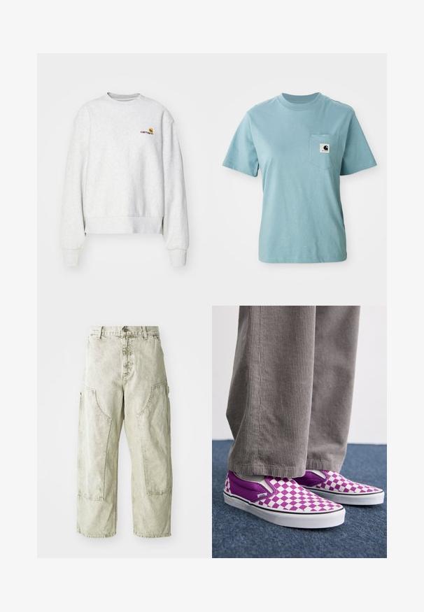 Grijze crewneck sweatshirt van een zachte stof met geribbelde manchetten en onderrand; voorzien van een geborduurd logo op de borst in geel en bordeauxrood.; Lichtblauw katoenen T-shirt met korte mouwen en een borstzak, voorzien van een klein zwart-wit Carhartt logo patch.; Lichtgroene wijd gesneden cargobroek van denim, met grote zijzakken, een knoop- en ritsluiting en zichtbare stikdetails.; Paarse en witte schaakbord slip-on Vans schoenen, met een glad oppervlak en contrasterende zwarte rand, gecombineerd met een grijze corduroy broek.