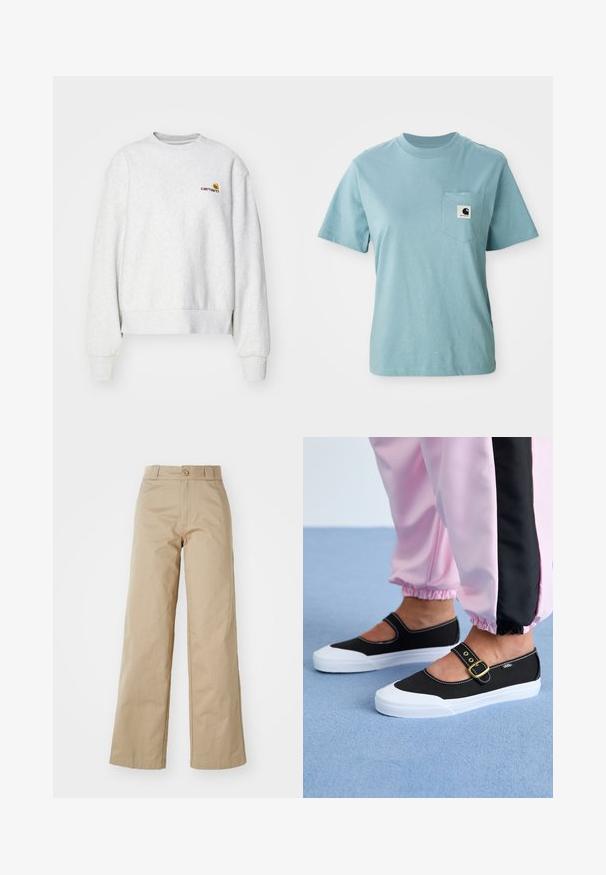 Grauer Rundhalsausschnitt-Pullover aus weichem Material mit gerippten Bündchen und Saum; mit gesticktem Logo auf der Brust in Gelb und Kastanienbraun.; Helles blaues, kurzärmliges Baumwoll-T-Shirt mit Brusttasche, das mit einem kleinen schwarz-weißen Carhartt-Logo-Patch versehen ist.; Beige weitgeschnittene Hose aus Baumwolle, mit Knopfverschluss und Gürtelschlaufen, glatt im Griff und sauber verarbeitet.; Schwarze Leinenschuhe mit einer weißen Sohle, die ein Ausschnittdesign und einen goldenen Schnallenriegel aufweisen. Getragen mit rosa Sporthosen.