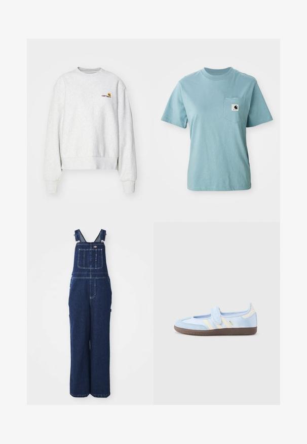 Grauer Rundhalsausschnitt-Pullover aus weichem Material mit gerippten Bündchen und Saum; mit gesticktem Logo auf der Brust in Gelb und Kastanienbraun.; Helles blaues, kurzärmliges Baumwoll-T-Shirt mit Brusttasche, das mit einem kleinen schwarz-weißen Carhartt-Logo-Patch versehen ist.; Jeans-Overalls in Dunkelblau, mit verstellbaren Trägern, Brusttasche, Seitentaschen und einer lockeren, weiten Passform. Klassische Nähdetails.; Hellblauer Sneaker mit einem Klettverschluss, cremefarbenen Streifen an den Seiten, weichem Stoff-Obermaterial und einer strukturierten braunen Gummisohle.