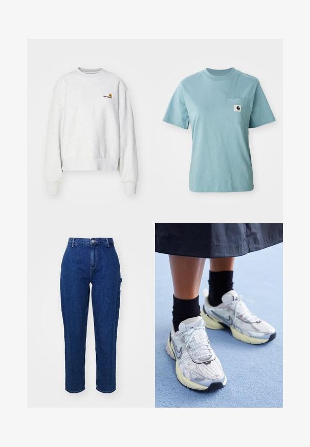 Grå crew-neck sweatshirt i et blødt stof med ribbede manchetter og kant; har broderet logo på brystet i gul og mørkerød.; Lyseblå kortærmet bomulds T-shirt med brystlomme og et lille sort-hvidt Carhartt logo patch.; Mørkeblå denim jeans med høj talje, lige ben, frontknaplukning og sidelommer. Glat tekstur med en let stræk.; Hvide og sølv Nike sneakers med mesh-stof, reflekterende detaljer og en beige sål. Bæres med sorte sokker og står på en blå overflade.
