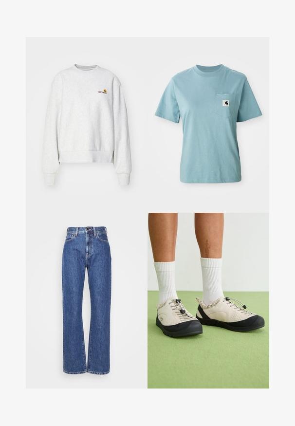 Grauer Rundhalsausschnitt-Pullover aus weichem Material mit gerippten Bündchen und Saum; mit gesticktem Logo auf der Brust in Gelb und Kastanienbraun.; Helles blaues, kurzärmliges Baumwoll-T-Shirt mit Brusttasche, das mit einem kleinen schwarz-weißen Carhartt-Logo-Patch versehen ist.; Blaue Denim-Jeans mit weitem Bein, hoher Taille, Kontrastnähten und klassischem Fünf-Taschen-Design. Strukturierter Stoff mit glatter Oberfläche.; Beige Schuhe mit schwarzen Akzenten, Netzseitenteilen und einem sicheren Schnürzug. Dicke Gummisohlen mit strukturiertem Profil. Tragen mit weißen Socken.