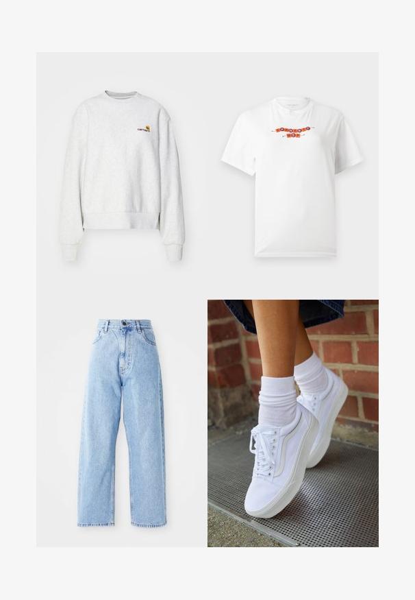 Grijze crewneck sweatshirt van een zachte stof met geribbelde manchetten en onderrand; voorzien van een geborduurd logo op de borst in geel en bordeauxrood.; Witte T-shirt met korte mouwen en "Carhartt WIP" geschreven in oranjerode blokletters over de borst.; Hogewaisted lichtblauwe denim jeans met rechte wijde pijpen, voorste knoop, ritssluiting en voor- en achterkant zakken.; Witte canvas sneakers met rubberen zolen, voorzien van zes vetertjes, een ronde neus en lichte stikdetails, gecombineerd met witte enkelsokken.