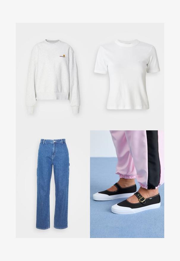 Grå crew-neck sweatshirt i et blødt stof med ribbede manchetter og kant; har broderet logo på brystet i gul og mørkerød.; Hvid ribbet kortærmet T-shirt med rund halsudskæring og et lille logo på brystet. Lavet af blødt stof med en tætsiddende pasform.; Blå denim bukser med høj talje og lige ben, der har en frontknaplukning og sidelommer. Glat tekstur uden synlige mønstre.; Sorte lærredssko med en hvid sål, der har et udskæringsdesign og et guldspænde. Bæret med lyserøde træningsbukser.