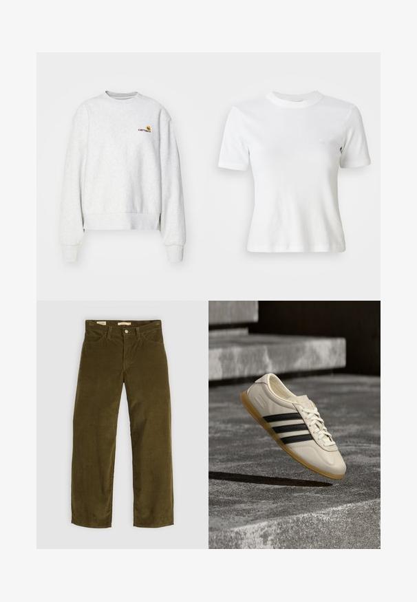 Grauer Rundhalsausschnitt-Pullover aus weichem Material mit gerippten Bündchen und Saum; mit gesticktem Logo auf der Brust in Gelb und Kastanienbraun.; Weiße, gerippte Kurzarm-T-Shirt mit Rundhalsausschnitt und kleinem Logo auf der Brust. Aus weichem Stoff gefertigt mit taillierter Passform.; Olivgrüne Cordhosen mit geradem Bein, die über Fronttaschen und einen Knopfverschluss verfügen und eine vertikale Rippstruktur aufweisen.; Weißer Sneaker mit schwarzen Streifen und Gummisohle schwebt über Betontreppen im sanften Tageslicht.