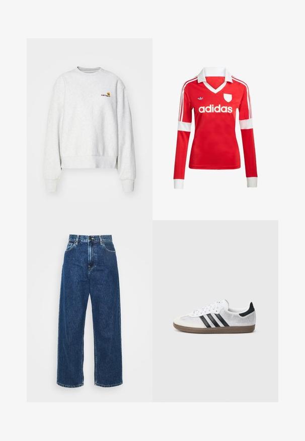 Grauer Rundhalsausschnitt-Pullover aus weichem Material mit gerippten Bündchen und Saum; mit gesticktem Logo auf der Brust in Gelb und Kastanienbraun.; Rotes Fußballtrikot mit langen Ärmeln, weißem Kragen und weißen Ärmelbündchen. Es hat drei weiße Streifen auf den Schultern und das "adidas"-Logo ist auffällig platziert.; Helle blaue Denim-Breitbeinhosen mit hoher Taille, sichtbaren Nähten und normalen Taschen. Verfügt über einen Knopf- und Reißverschluss.; Weißer Mesh-Sneaker mit schwarzen Streifen, beiger Wildleder-Kappe an der Spitze und am Absatz, strukturierter Gummisohle und weißen Schnürsenkeln. Klassisches Low-Top-Design.