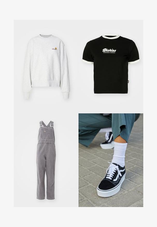 Sudadera gris de cuello redondo en una tela suave con puños y dobladillo de punto; presenta un logo bordado en el pecho en amarillo y burdeos.; Camiseta de algodón negra con cuello y bordes de mangas de canalé blancos. Presenta en la parte frontal un texto de logo blanco: "Dickies Workwear Company". Mangas cortas.; Overoles de mezclilla gris con tirantes ajustables, un bolsillo frontal y un ajuste relajado. Cuenta con piernas de corte recto y un color sólido en toda la prenda.; Zapatillas de ante negro con acentos y cordones blancos, que cuentan con una gruesa suela blanca y costuras en contraste, combinadas con un calcetín blanco.