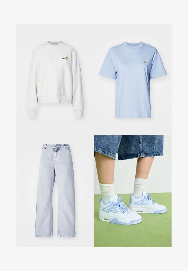 Grauer Rundhalsausschnitt-Pullover aus weichem Material mit gerippten Bündchen und Saum; mit gesticktem Logo auf der Brust in Gelb und Kastanienbraun.; Hellblaues Baumwoll-T-Shirt mit kurzen Ärmeln, rundem Halsausschnitt und kleinem gelben gestickten Logo auf der Brust. Weicher Stoff, lockere Passform.; Helleblaue Jeans mit weitem Bein, hoher Taille, Knopfverschluss und Fünf-Taschen-Design. Weicher Stoff und sichtbare Nähte.; Weiße und hellblaue Sneakers mit Netz-Akzenten, abgerundetem Zeh, Schnürsenkeln und einer Luftdämpfungseinheit, kombiniert mit weißen gerippten Socken und Jeansshorts.