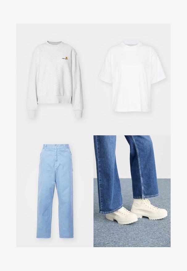 Grijze crewneck sweatshirt van een zachte stof met geribbelde manchetten en onderrand; voorzien van een geborduurd logo op de borst in geel en bordeauxrood.; Witte katoenen t-shirt met een ronde hals, korte mouwen en een ontspannen pasvorm. Heeft een subtiel logo op het linkerborstgedeelte. Zachte textuur.; Lichtblauwe denimbroek met een rechte pijpdesign, knoopsluiting en voorzakken. De stof heeft een subtiele textuur met een gladde afwerking.; Witte hoge sneakers met dikke, geribbelde zolen en ronde logo-detail, gedragen met lichtblauwe, wijde denim jeans.