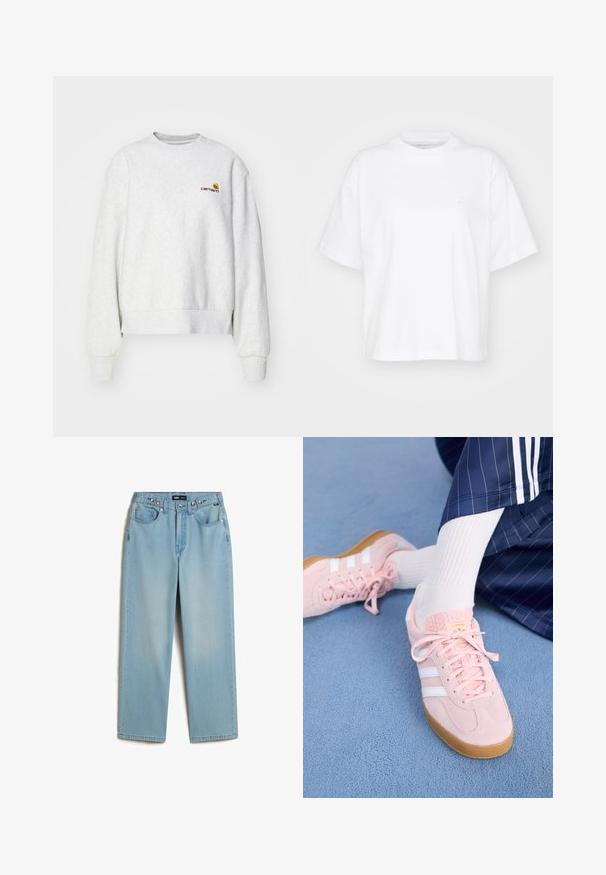 Grå crew-neck sweatshirt i et blødt stof med ribbede manchetter og kant; har broderet logo på brystet i gul og mørkerød.; Hvid bomulds t-shirt med rund hals, korte ærmer og en afslappet pasform. Har et diskret logo på venstre brystområde. Glat tekstur.; Vans CINCHED CHECK - Baggy jeans - light stonewash; Lyserøde ruskinds sneakers med hvide striber og snørebånd, udstyret med en struktureret tunge og en gummisål, placeret på et blåt tæppe.