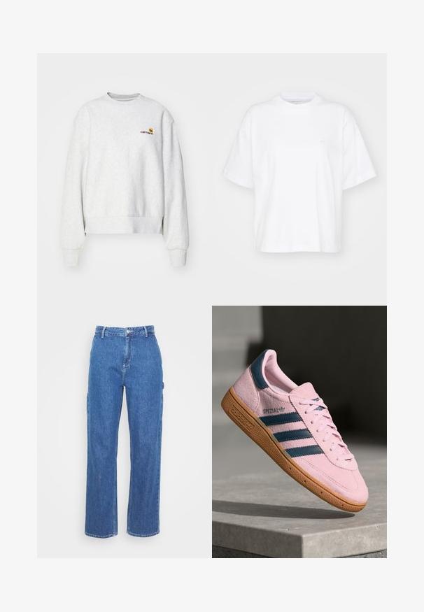 Grå crew-neck sweatshirt i et blødt stof med ribbede manchetter og kant; har broderet logo på brystet i gul og mørkerød.; Hvid bomulds t-shirt med rund hals, korte ærmer og en afslappet pasform. Har et diskret logo på venstre brystområde. Glat tekstur.; Blå denim bukser med høj talje og lige ben, der har en frontknaplukning og sidelommer. Glat tekstur uden synlige mønstre.; Lyserød ruskindssneaker med marineblå tre striber, gummisål og lyserøde snørebånd. Har "SPEZIAL"-branding på siden.