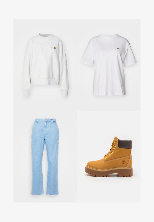 Grijze crewneck sweatshirt van een zachte stof met geribbelde manchetten en onderrand; voorzien van een geborduurd logo op de borst in geel en bordeauxrood.; Witte katoenen t-shirt met een relaxte pasvorm, korte mouwen en een klein geborduurd logo op de linkerborst.; Lichtblauwe denim broek met een rechtengesneden ontwerp, hoge taille en knoopsluiting aan de voorkant. Bevat twee zijzakken en minimale stiksels.; Tan waterdichte enkelboot met een stevige rubberen zool, ronde neus, bruine leren kraag, gele veters en een logo aan de zijkant.