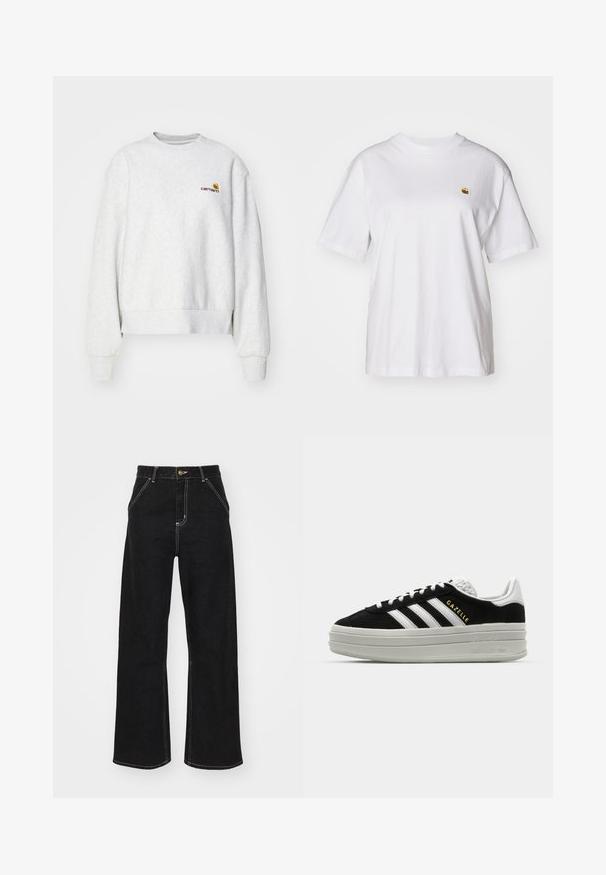 Sudadera gris de cuello redondo en una tela suave con puños y dobladillo de punto; presenta un logo bordado en el pecho en amarillo y burdeos.; Camisa de algodón blanca con corte relajado, mangas cortas y un pequeño logotipo bordado en el área del pecho izquierdo.; Vaqueros negros de pierna ancha hechos de mezclilla. Presentan costuras blancas en contraste, bolsillos delanteros y un cierre de botón en la cintura.; Zapatillas negras de ante con detalles en cuero blanco, tres rayas blancas, cordones planos y una gruesa suela de plataforma gris. Marca "Gazelle" en dorado.