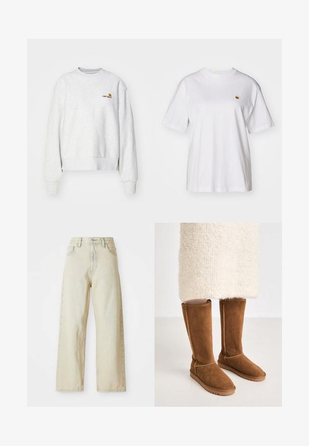 Grå crew-neck sweatshirt i et blødt stof med ribbede manchetter og kant; har broderet logo på brystet i gul og mørkerød.; Hvid bomulds-t-shirt med en afslappet pasform, korte ærmer og et lille broderet logo på venstre brystområde.; Løse denimjeans i en lys beige nuance med forlommer, høj talje og subtile syninger. Fremstillet af struktureret denimstof.; Knæhøje brune ruskindsstøvler med en glat tekstur, der har sidesyninger og en gummisål for bedre greb.