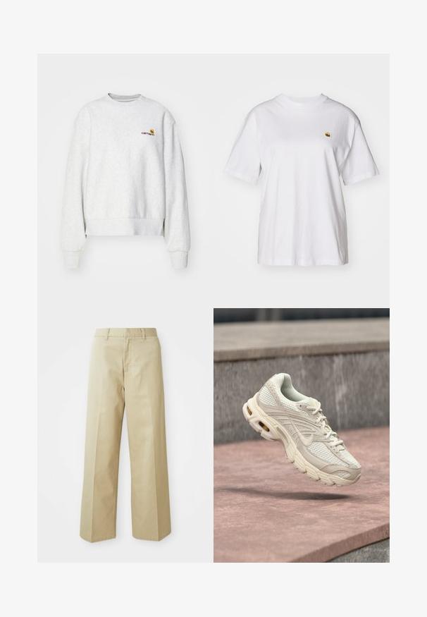 Grijze crewneck sweatshirt van een zachte stof met geribbelde manchetten en onderrand; voorzien van een geborduurd logo op de borst in geel en bordeauxrood.; Witte katoenen t-shirt met een relaxte pasvorm, korte mouwen en een klein geborduurd logo op de linkerborst.; Beige wijde broek gemaakt van katoen met een gladde textuur. Heeft een rechte snit, riemlussen en voorkleurige zakken.; Lichtbeige sportschoen met een bovenwerk van mesh, een afgeronde neus en een gestructureerde middenzool. Voorzien van een gevoerde kraag en veters met een subtiel logo.