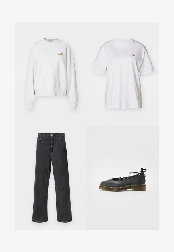 Grijze crewneck sweatshirt van een zachte stof met geribbelde manchetten en onderrand; voorzien van een geborduurd logo op de borst in geel en bordeauxrood.; Witte katoenen t-shirt met een relaxte pasvorm, korte mouwen en een klein geborduurd logo op de linkerborst.; Zwarte denim jeans met een rechte pijp, voorzien van een metalen knoopsluiting, vijf zakken en zichtbare stiksels. Soepele textuur en gedempte kleur.; Zwarte leren schoen met een ronde neus, lage hak, vetersluiting en gele stiksels langs de zool. Soepele textuur met een matte afwerking.