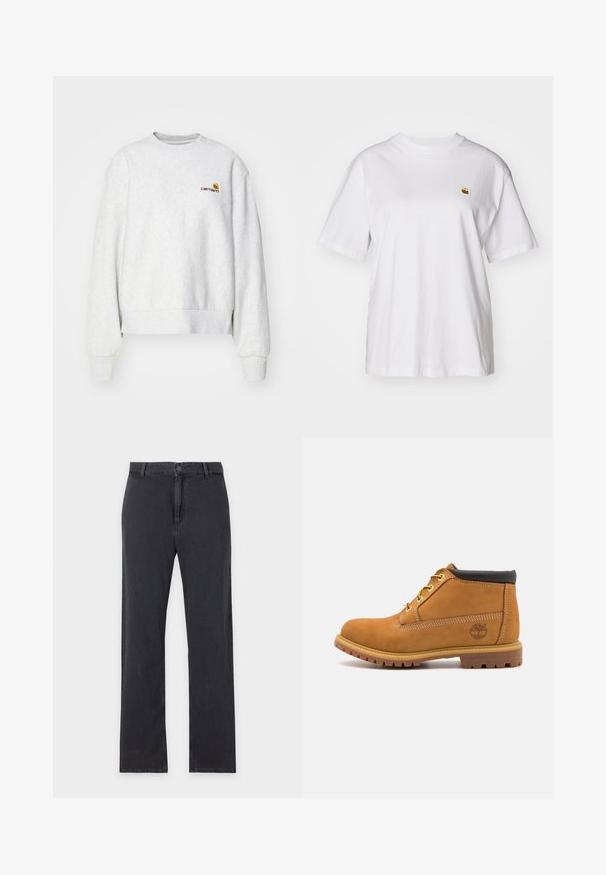 Grijze crewneck sweatshirt van een zachte stof met geribbelde manchetten en onderrand; voorzien van een geborduurd logo op de borst in geel en bordeauxrood.; Witte katoenen t-shirt met een relaxte pasvorm, korte mouwen en een klein geborduurd logo op de linkerborst.; Zwarte jeans met rechte pijpen, knoop- en ritssluiting aan de voorkant, riemlussen en klassiek ontwerp met vijf zakken, plat gelegd op een witte achtergrond.; Tan suède enkellaars met een zwarte gewatteerde kraag, gele veterogen en een getextureerde rubberen zool. Voorzien van een bedrukt logo aan de zijkant.