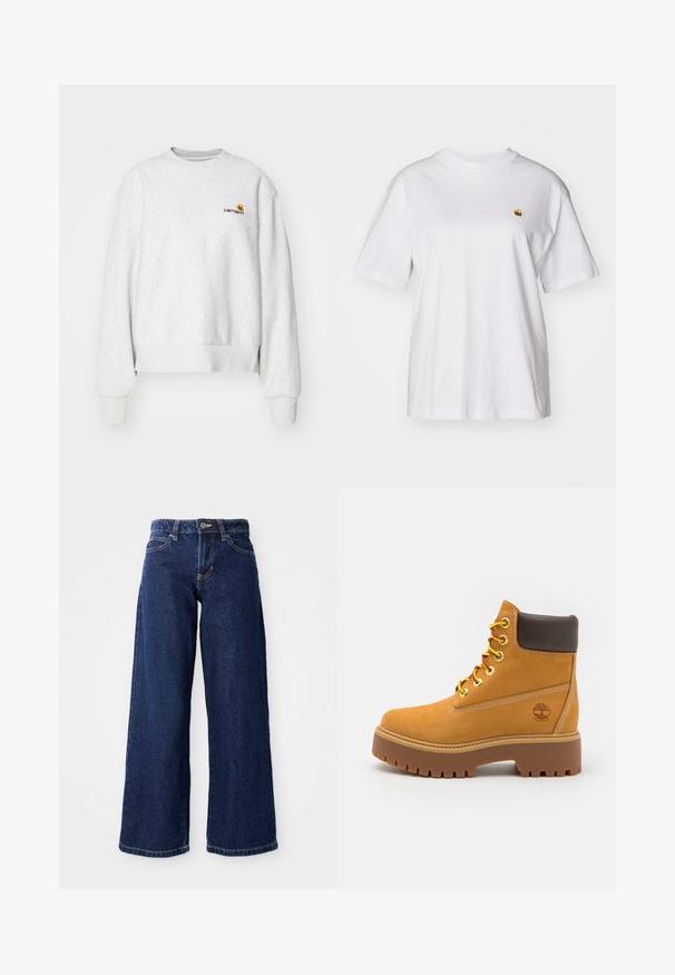 Grijze crewneck sweatshirt van een zachte stof met geribbelde manchetten en onderrand; voorzien van een geborduurd logo op de borst in geel en bordeauxrood.; Witte katoenen t-shirt met een relaxte pasvorm, korte mouwen en een klein geborduurd logo op de linkerborst.; Donkerblauwe wijde spijkerbroek van denim, met een knoop- en ritssluiting, riemlussen en klassieke vijf-pocketontwerp.; Tan waterdichte enkelboot met een stevige rubberen zool, ronde neus, bruine leren kraag, gele veters en een logo aan de zijkant.