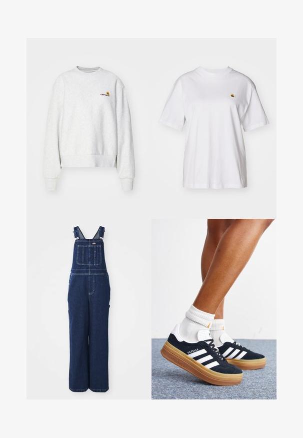 Grauer Rundhalsausschnitt-Pullover aus weichem Material mit gerippten Bündchen und Saum; mit gesticktem Logo auf der Brust in Gelb und Kastanienbraun.; Weißes Baumwoll-T-Shirt mit lockerem Schnitt, kurzen Ärmeln und einem kleinen gestickten Logo auf der linken Brustseite.; Jeans-Overalls in Dunkelblau, mit verstellbaren Trägern, Brusttasche, Seitentaschen und einer lockeren, weiten Passform. Klassische Nähdetails.; Beine mit weißen Socken und schwarzen Adidas Gazelle Sneakers mit weißen Streifen und dicken braunen Sohlen auf einem grauen Teppichboden.