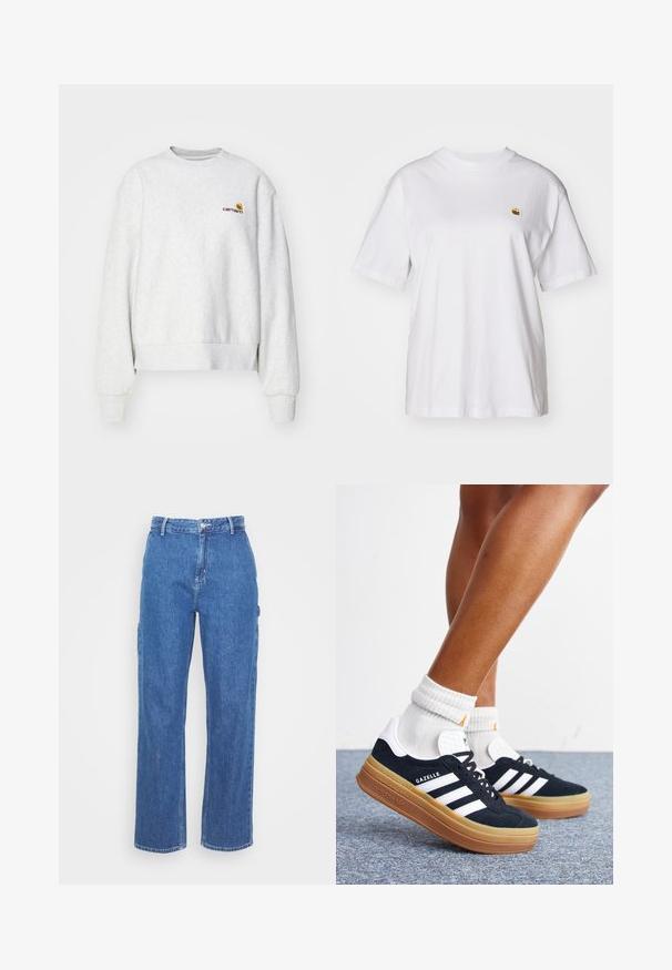 Grauer Rundhalsausschnitt-Pullover aus weichem Material mit gerippten Bündchen und Saum; mit gesticktem Logo auf der Brust in Gelb und Kastanienbraun.; Weißes Baumwoll-T-Shirt mit lockerem Schnitt, kurzen Ärmeln und einem kleinen gestickten Logo auf der linken Brustseite.; Blaue High-Waist-Jeans mit geradem Bein, ausgestattet mit einem Frontknopfverschluss und seitlichen Taschen. Glatte Textur und keine sichtbaren Muster.; Beine mit weißen Socken und schwarzen Adidas Gazelle Sneakers mit weißen Streifen und dicken braunen Sohlen auf einem grauen Teppichboden.