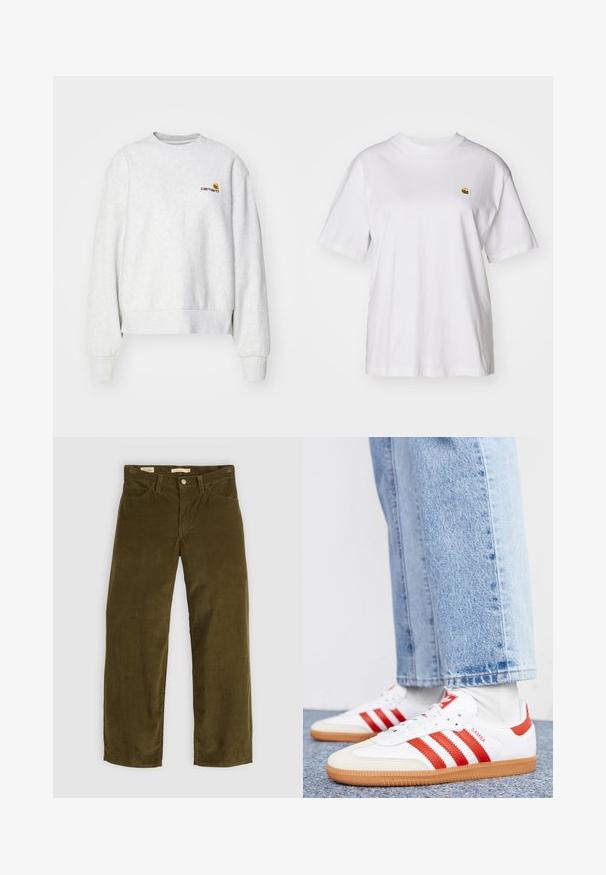 Sudadera gris de cuello redondo en una tela suave con puños y dobladillo de punto; presenta un logo bordado en el pecho en amarillo y burdeos.; Camisa de algodón blanca con corte relajado, mangas cortas y un pequeño logotipo bordado en el área del pecho izquierdo.; Pantalones de pana verde oliva con un diseño de pierna recta, que cuentan con bolsillos frontales y un cierre de botones, mostrando una textura acanalada vertical.; Zapatillas de cuero blancas con rayas y detalles rojos. Cuentan con una suela de goma texturizada y un collar acolchado. Llevadas con denim azul claro.