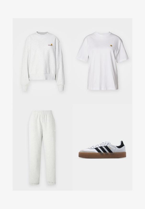 Grå crew-neck sweatshirt i et blødt stof med ribbede manchetter og kant; har broderet logo på brystet i gul og mørkerød.; Hvid bomulds-t-shirt med en afslappet pasform, korte ærmer og et lille broderet logo på venstre brystområde.; Lys grå sweatpants med elastisk talje, tapered ben og ribbede manchetter. Fremstillet af et blødt, tekstureret stof. Hvid logo detalje på siden.; Hvide lædersneakers med sorte striber, gummirubber sål, rund tå, snørelukning og blød grå ruskinds tåhætte.