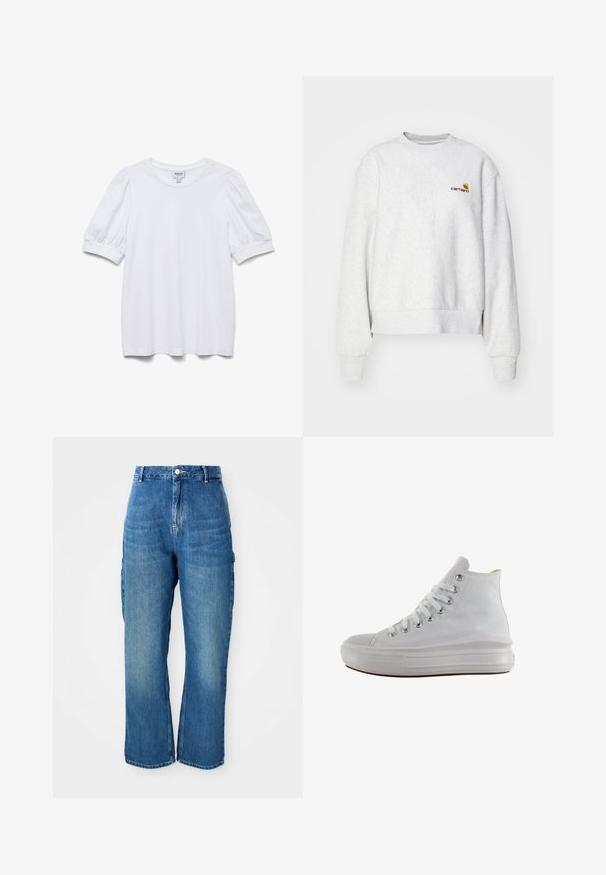 Grijze crewneck sweatshirt van een zachte stof met geribbelde manchetten en onderrand; voorzien van een geborduurd logo op de borst in geel en bordeauxrood.; Witte top met korte mouwen, een ronde halslijn en pofmouwen. Gemaakt van een gladde stof en voorzien van een label met de tekst "AWARE."; Hoge taille spijkerbroek met rechte pijpen in blauwe denim, met een knoopsluiting aan de voorkant, ritssluiting en zijcargo pockets op een witte achtergrond.; Witte hoge canvas sneaker met witte veters, metalen oogjes, dikke rubberen zool en gestructureerde neuskap, naar links gericht op een witte achtergrond.