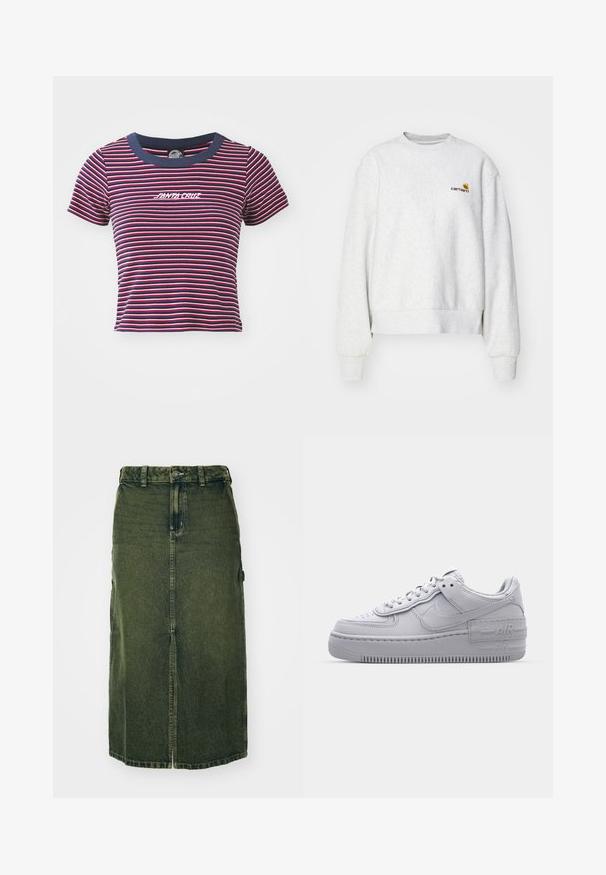 Grå crew-neck sweatshirt i et blødt stof med ribbede manchetter og kant; har broderet logo på brystet i gul og mørkerød.; Stripet kortærmet t-shirt i navy, rød og pink. Har en solid navy halsudskæring og broderet "SANTA CRUZ" logo på fronten.; Grøn denimnederdel med mellemlangt snit, frontslids, knaplukning og bæltestropper. Dens struktur er let falmet, med sidelommer.; Grå Nike Air Force 1 sneakers med perforeret tå, glat læderoverdel, tyk sål og præget 'AIR' detalje på hælen.