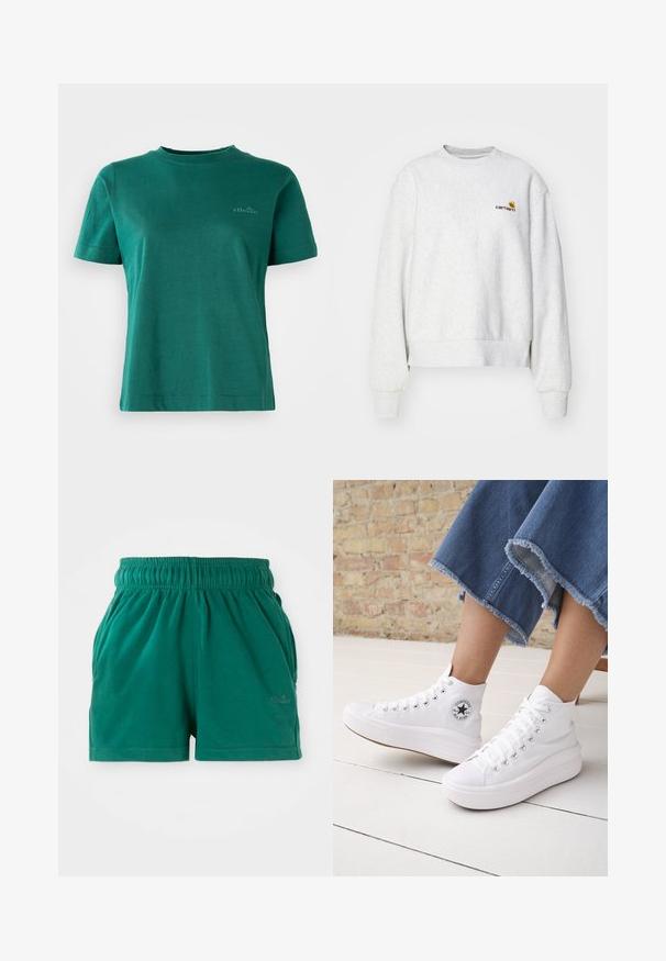 Sudadera gris de cuello redondo en una tela suave con puños y dobladillo de punto; presenta un logo bordado en el pecho en amarillo y burdeos.; Camiseta verde de manga corta, hecha de una tela suave, con escote redondo y un sutil acento de logo en la parte delantera.; Pantalones cortos casuales verdes con cintura elástica, bolsillos laterales y un sutil logo en la pierna delantera derecha.; Persona que lleva zapatillas Converse altas blancas con suelas gruesas y vaqueros azules recortados con dobladillo deshilachado frente a una pared de ladrillos y suelo blanco.