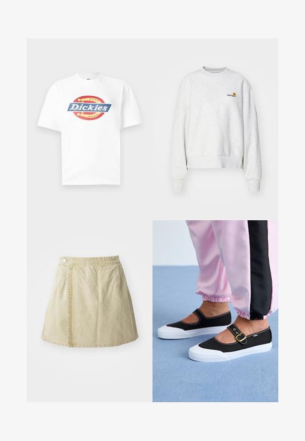 Sweatshirt gris à col rond en tissu doux avec des poignets et un ourlet côtelés ; présente un logo brodé sur la poitrine en jaune et bordeaux.; T-shirt blanc à manches courtes avec un logo fer à cheval rouge et jaune et le texte « Dickies » en bleu à travers la poitrine.; Jupe mini kaki en tissu doux, avec une fermeture à bouton sur le côté, une texture lisse et une silhouette légèrement évasée avec une ourlet au-dessus du genou.; Baskets noires en toile avec une semelle blanche, présentant un design découpé et une sangle en boucle dorée. Portées avec un pantalon de survêtement rose.
