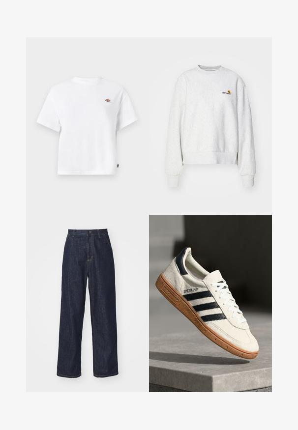 Grauer Rundhalsausschnitt-Pullover aus weichem Material mit gerippten Bündchen und Saum; mit gesticktem Logo auf der Brust in Gelb und Kastanienbraun.; Weißes Baumwoll-T-Shirt mit einem lockeren Schnitt, das ein kleines Logopatch auf der Brust und ein Etikett an der Seite für zusätzliche Details aufweist.; Dunkelblaue gerade geschnittene Jeans mit Gürtelschlaufen, Frontknopf und Seitentaschen auf einem weißen Hintergrund.; Weiße Wildleder-Sneaker mit marineblauen Streifen, Gummisohle, strukturiertem Obermaterial, runder Zehenform und Schnürung; mit Branding an der Seite und auf der Zunge.