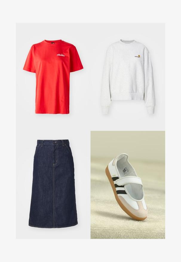 Sweatshirt gris à col rond en tissu doux avec des poignets et un ourlet côtelés ; présente un logo brodé sur la poitrine en jaune et bordeaux.; T-shirt en coton rouge à manches courtes, col rond, avec un petit logo blanc sur la poitrine. Texture lisse avec une coupe classique.; Jupe en denim foncé à taille haute, coupe droite, poches avant et coutures surpiquées. Fermeture à glissière et bouton à la taille.; Chaussure blanche avec un embout en daim rose, des rayures noires et une sangle Velcro. Dispose d'une semelle en caoutchouc brun et d'un logo sur le côté.